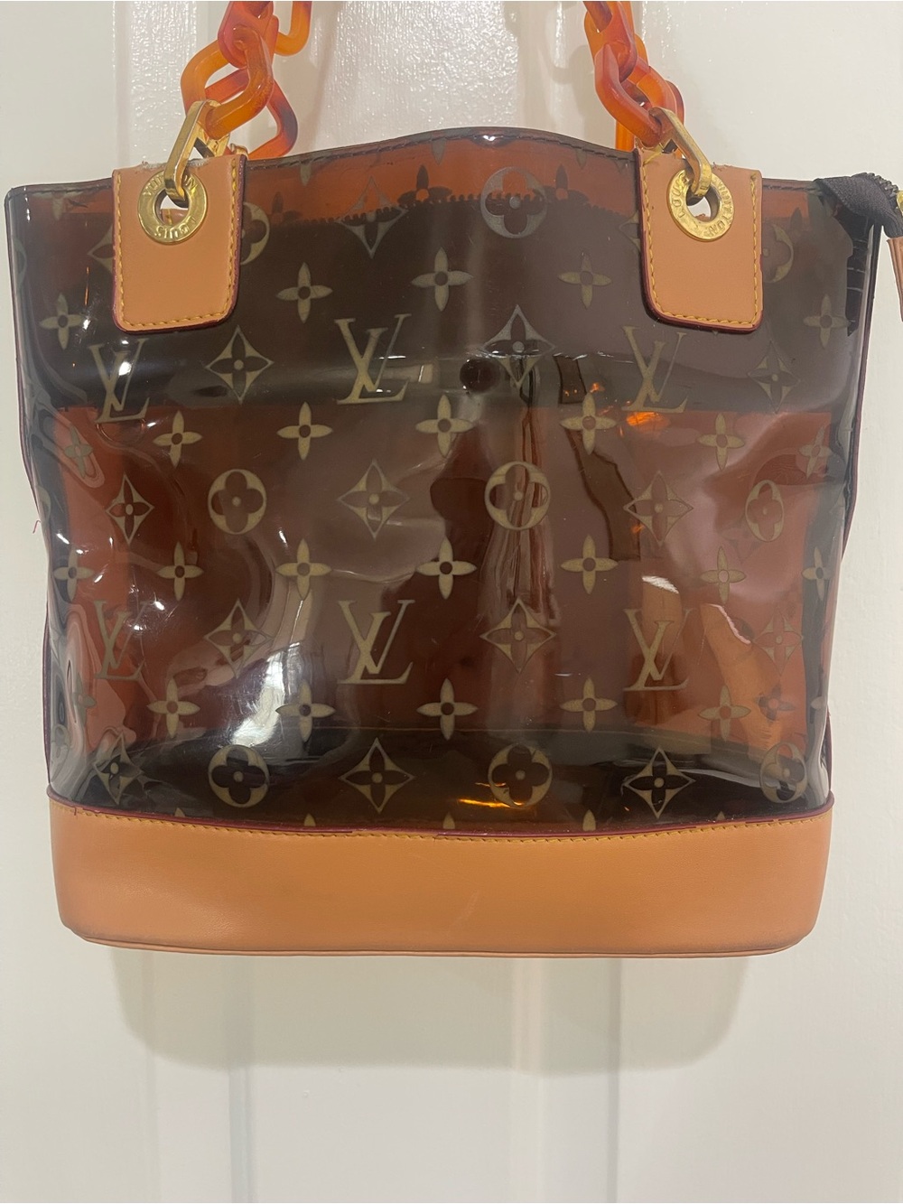 Brown Transparent Monogram Tote with Amber Chain Straps - Picture 10 of 16